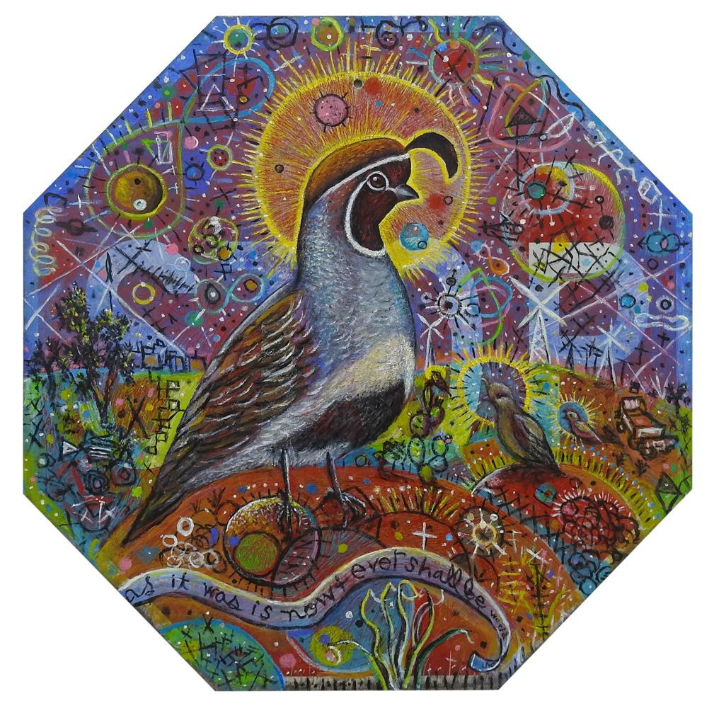 Dianne Bennett world without end STOP Gambels quail 2021 Oil on salvaged metal road sign